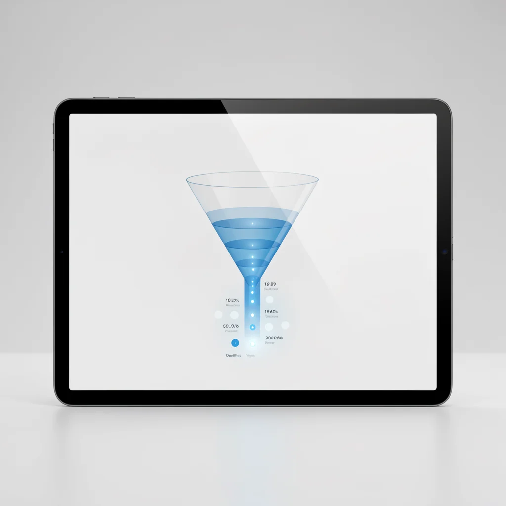 Tablet com dashboard minimalista exibindo funil abstrato de visualizações qualificadas no TikTok