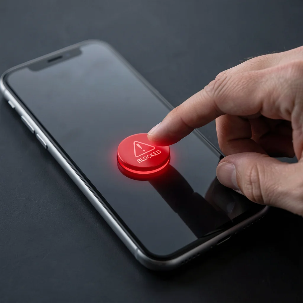Mão pressionando botão vermelho de bloqueio em smartphone, simbolizando erro de monetização no TikTok