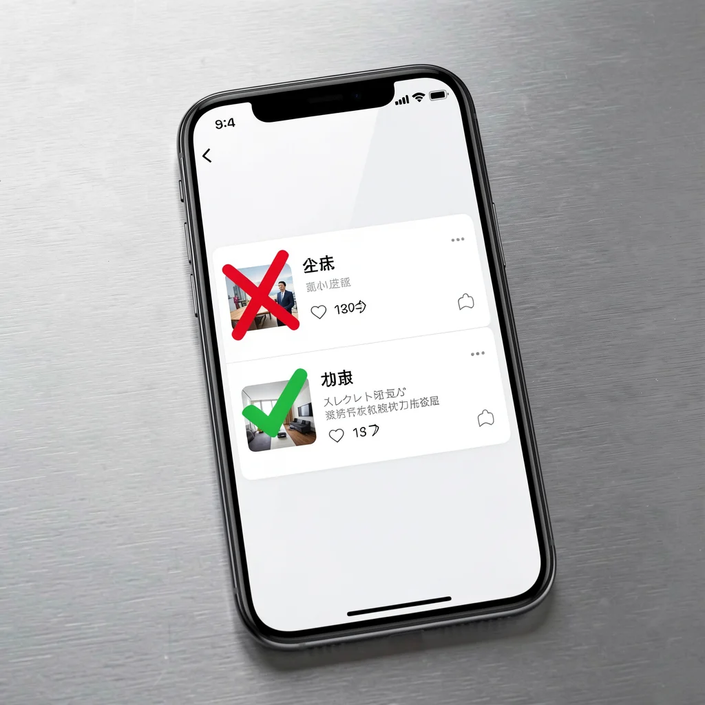 Mockup de tela de smartphone mostrando ícones de vídeo curto com X vermelho e vídeo longo com visto verde.