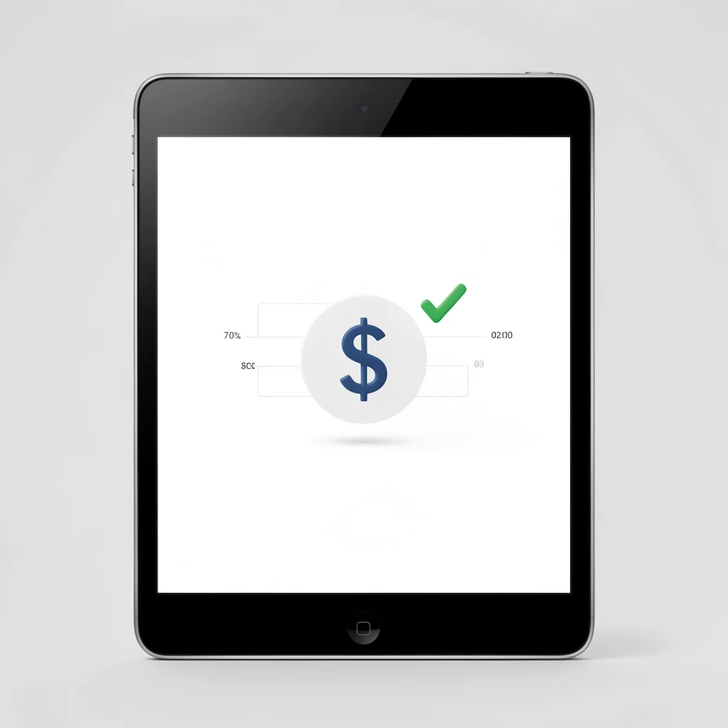 Dashboard minimalista em tablet com ícone de cifrão e visto verde indicando requisitos de monetização.