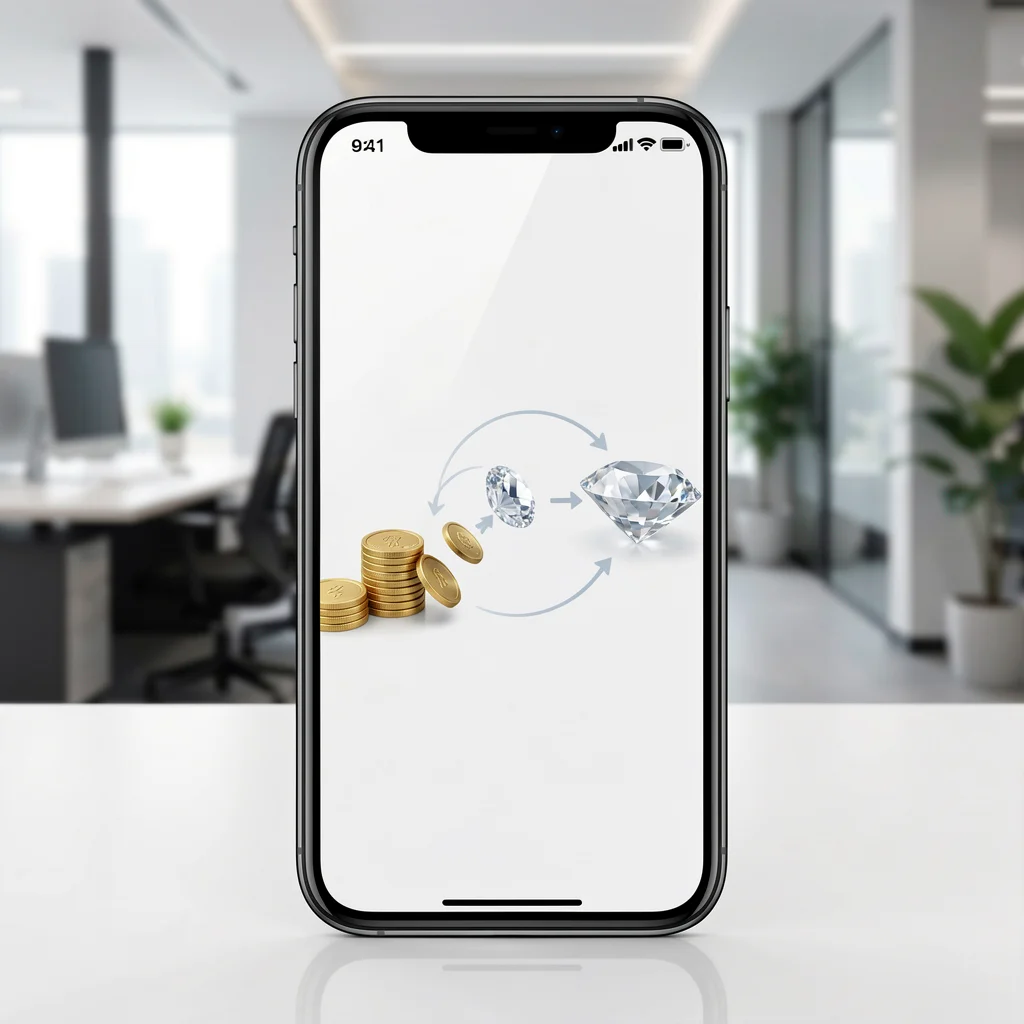 Smartphone exibindo fluxo abstrato de moedas se transformando em diamantes, representando o sistema de presentes do TikTok