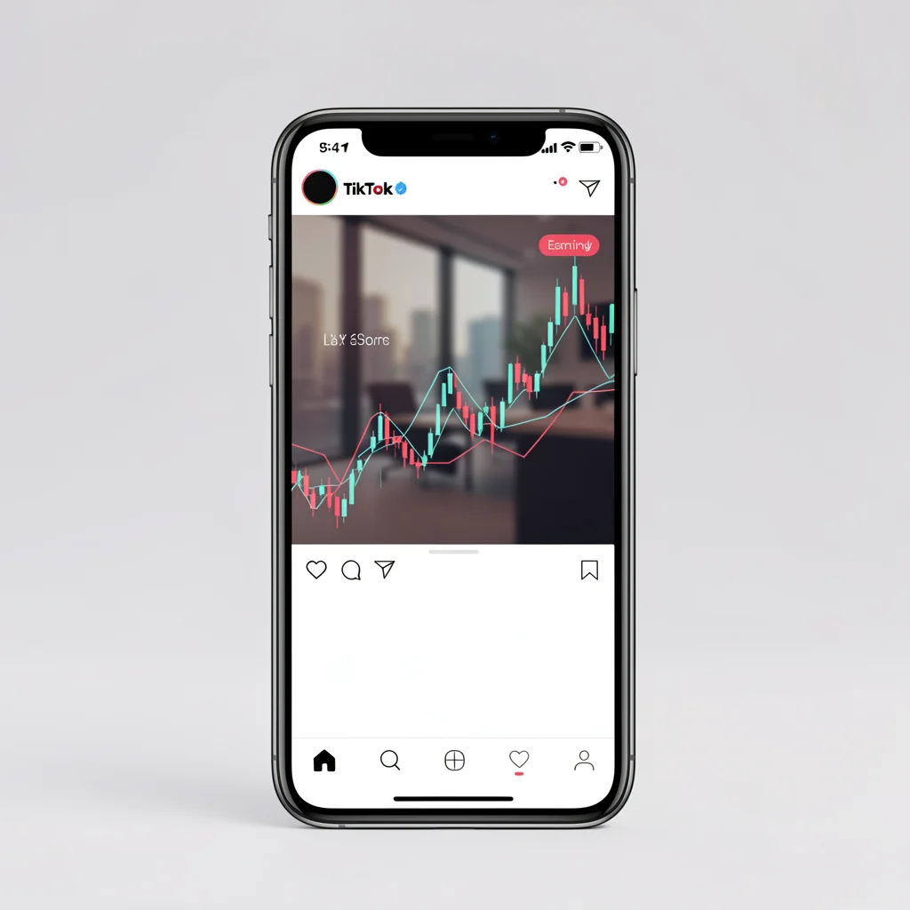 Smartphone com tela do TikTok e gráfico abstrato de ganhos sobreposto, em estilo editorial corporativo