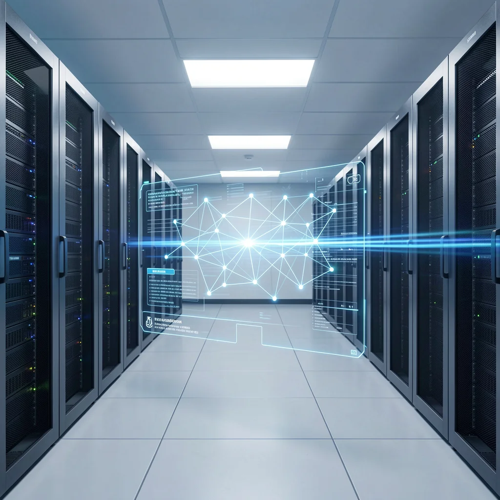 Ilustração de um data center moderno com interface holográfica de inteligência artificial, representando a aceleração da legalização de empresas pela Redesim