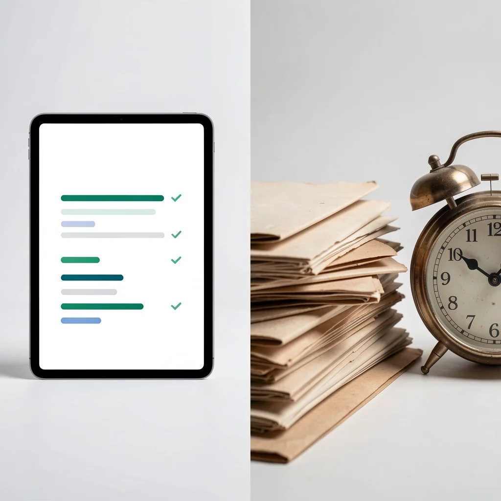 Comparação visual entre processo digital rápido (tablet) e processo burocrático lento (papéis), ilustrando economia de tempo com a Redesim