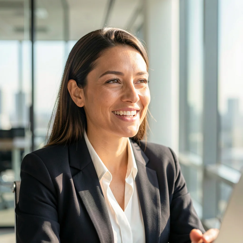Profissional focada e sorridente em um escritório moderno durante uma reunião virtual.