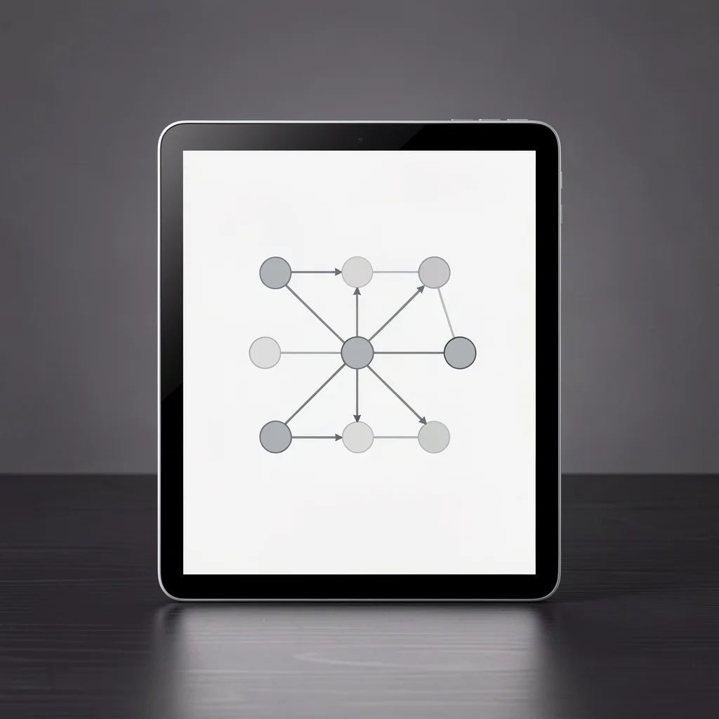 Tablet com diagrama abstrato de fluxo de roteiro de vendas em ambiente corporativo minimalista