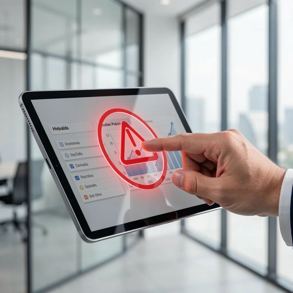 Tablet com ícone de alerta vermelho indicando cuidado com limitações em planos gratuitos de integração