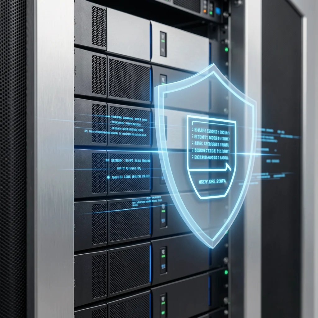 Rack de servidores metálico com escudo digital translúcido e fluxos de dados azuis, representando segurança em SaaS