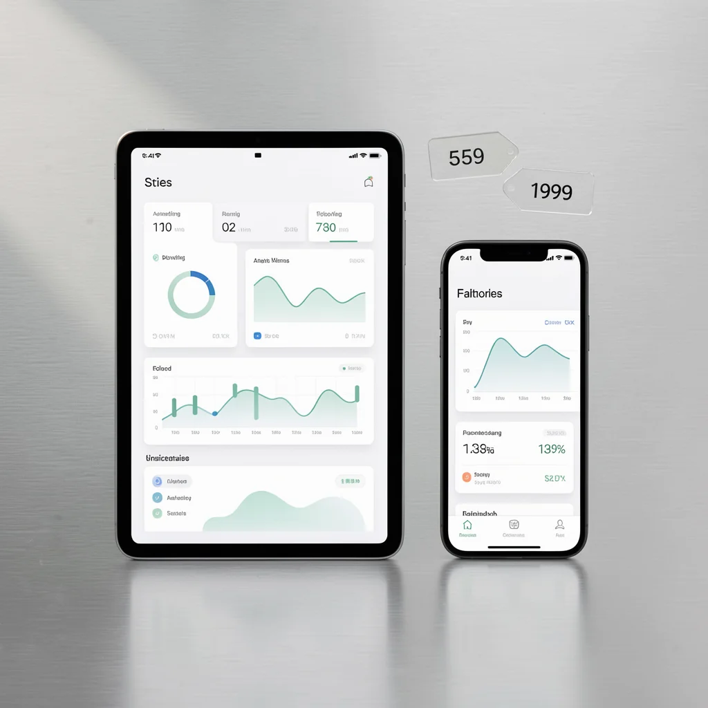 Tablet e smartphone com dashboard abstrato e etiquetas de preço flutuantes representando transparência em softwares SaaS