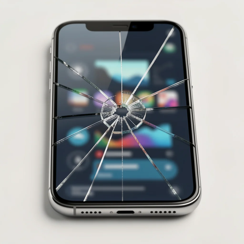 Smartphone com tela trincada sobre um dashboard abstrato desfocado, simbolizando erros que prejudicam o conteúdo longo.
