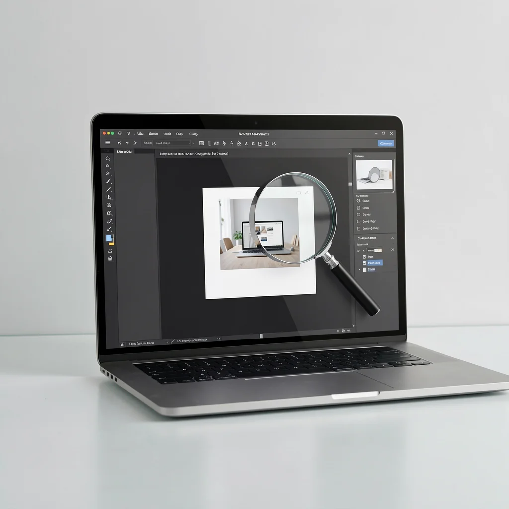 Laptop aberto sobre mesa com interface de edição de imagens e lupa sobre miniatura, representando inspeção de SEO