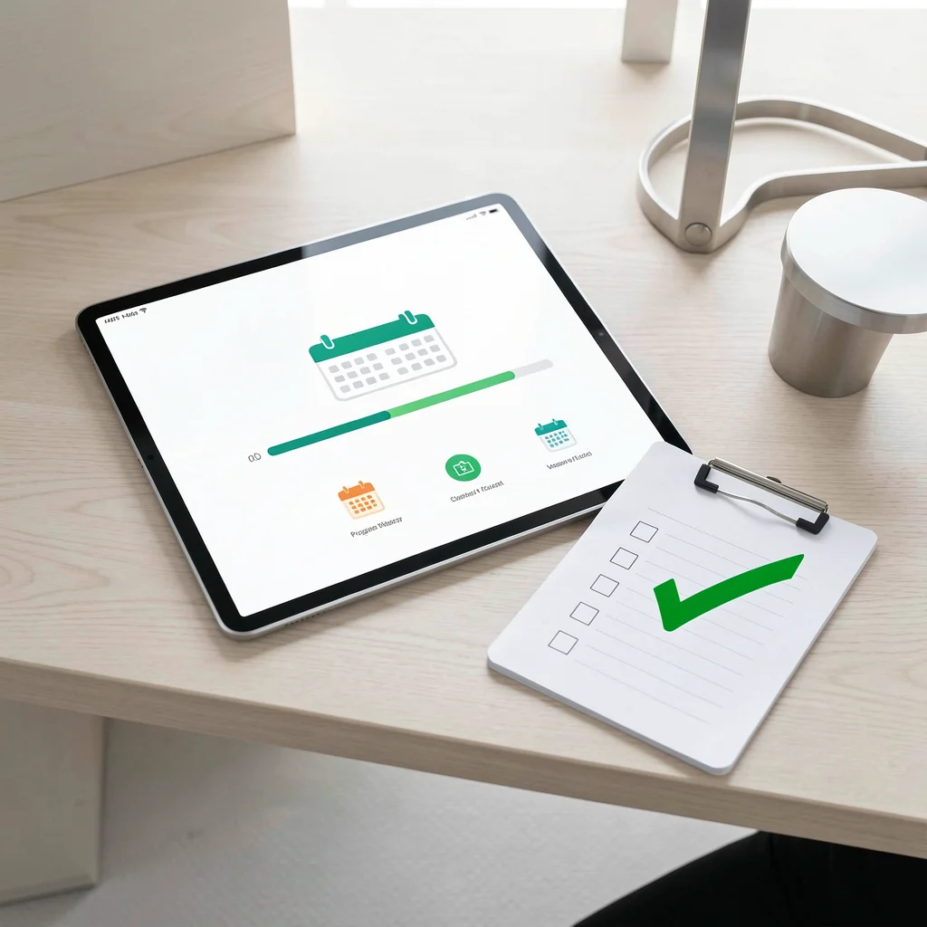 Tablet com dashboard de progresso e checklist em papel com marcação verde sobre mesa de madeira