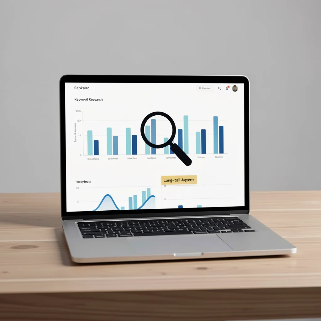 Dashboard minimalista de pesquisa de palavras-chave em laptop, com gráficos abstratos e lupa sobre termo de cauda longa