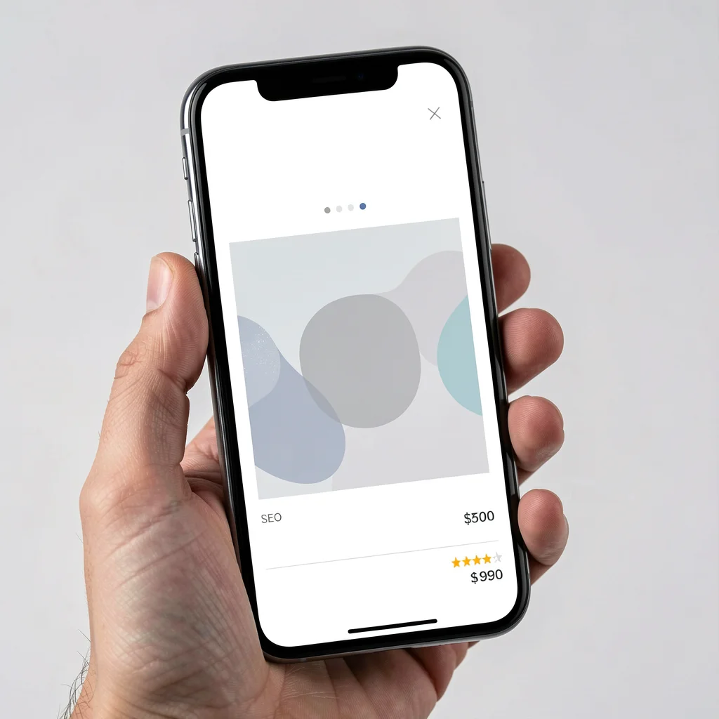 Mockup de página de produto otimizada para SEO em smartphone, com layout limpo e elementos abstratos