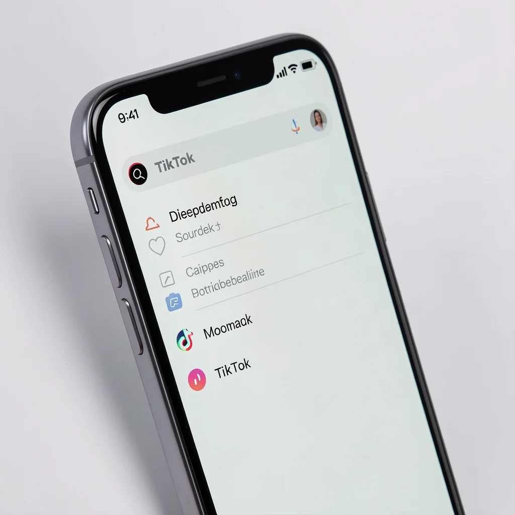 Smartphone exibindo barra de pesquisa do TikTok com sugestões de autocomplete, iluminação suave de estúdio