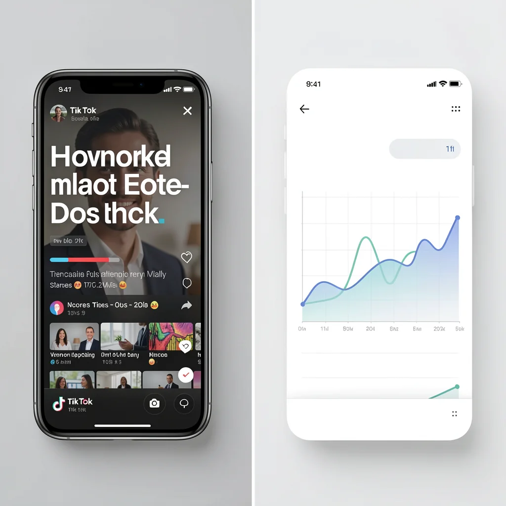 Dividido em duas partes: smartphone com vídeo do TikTok e painel analítico com gráficos abstratos