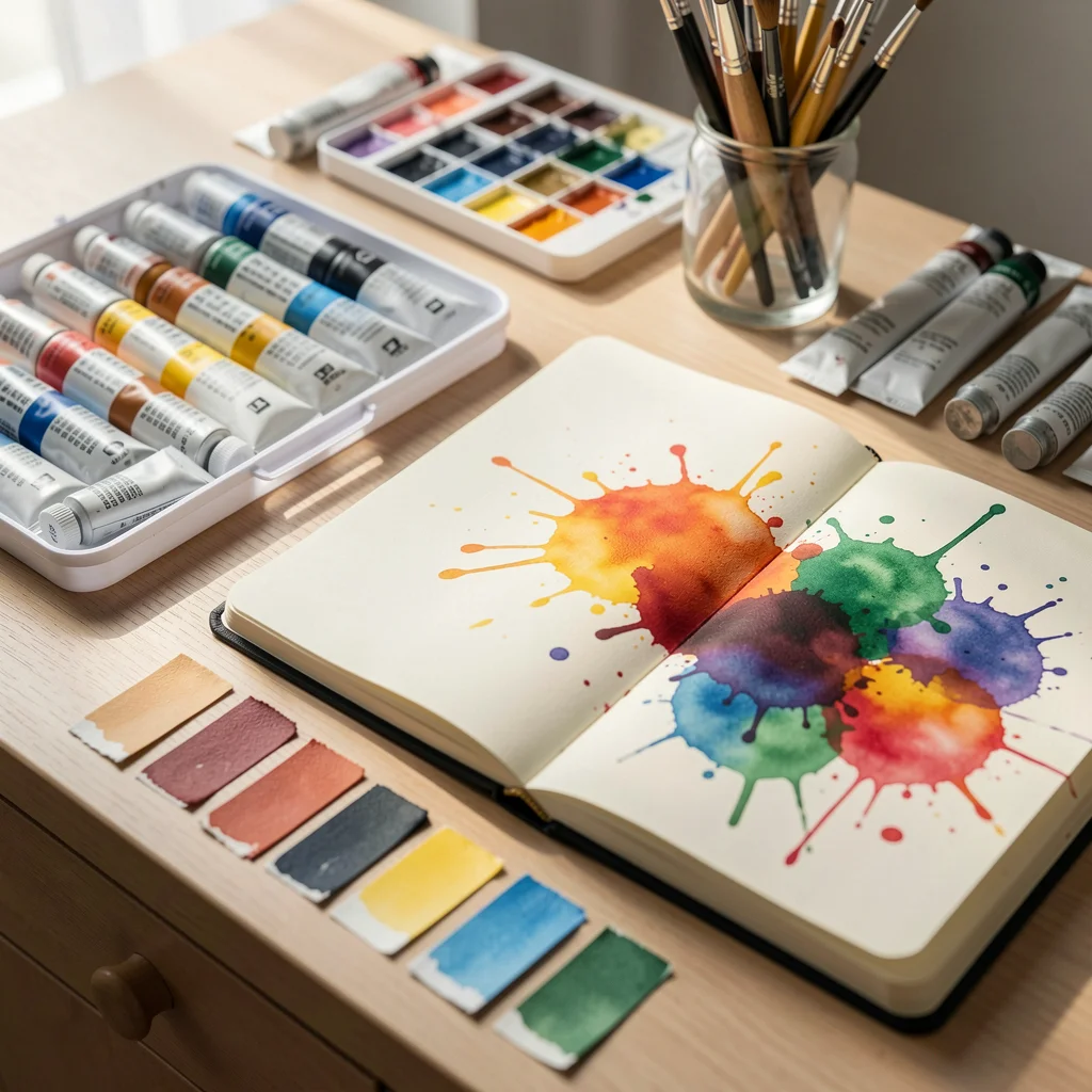 Mesa de trabalho de um artista com tubos de tinta e amostras de cores organizadas sob iluminação suave.
