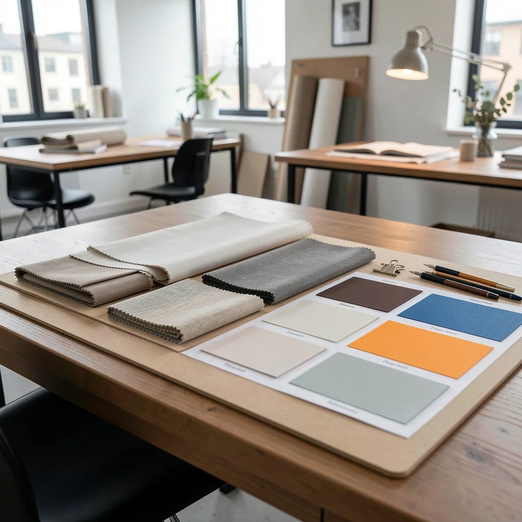 Mesa de designer com mood board e amostras de paletas de cores, focada em planejamento visual consciente.