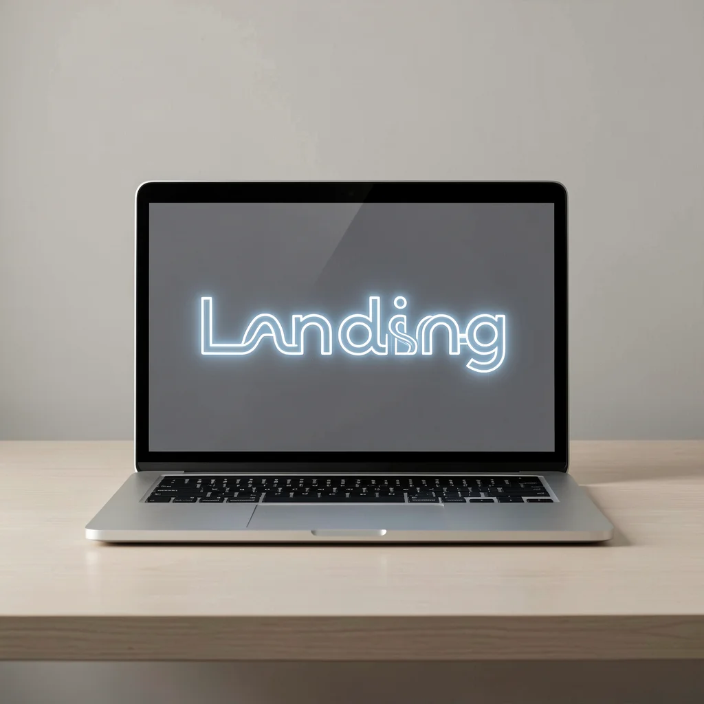 Imagem minimalista de um laptop em uma mesa elegante, com a tela mostrando um mockup abstrato de headline de landing page como uma linha de luz, representando transformação.