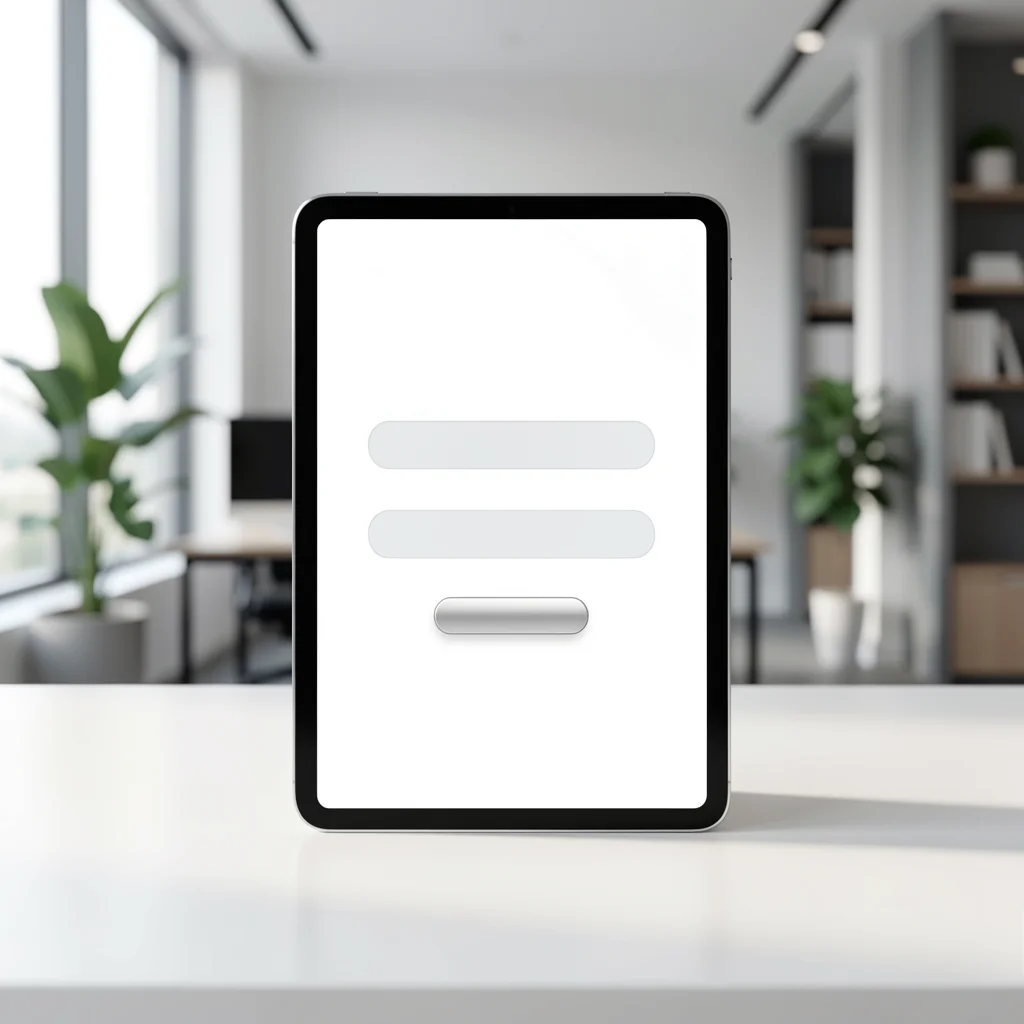 Tablet apoiado em uma mesa, com mockup de formulário minimalista de dois campos e botão de envio, em ambiente de escritório desfocado.