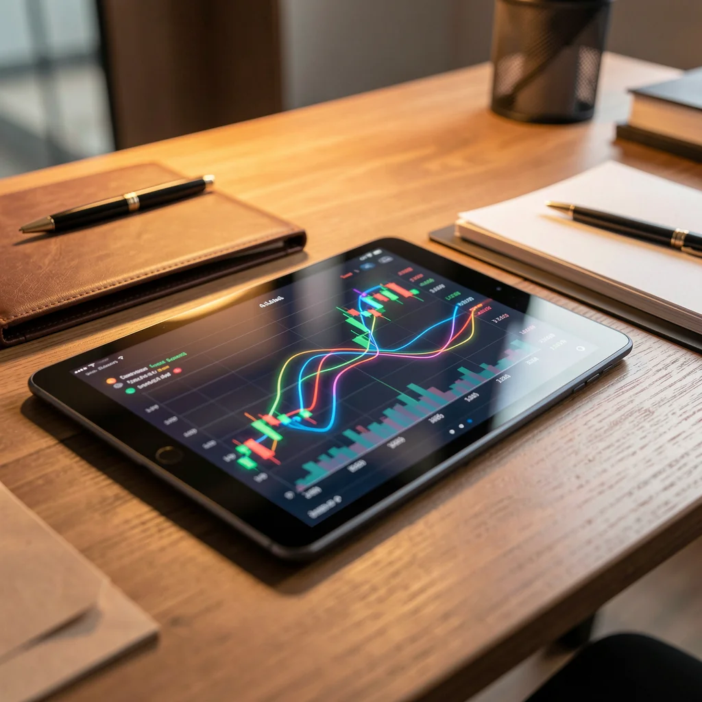 Tablet em uma mesa de escritório moderna exibindo gráficos financeiros com iluminação ambiente sofisticada.