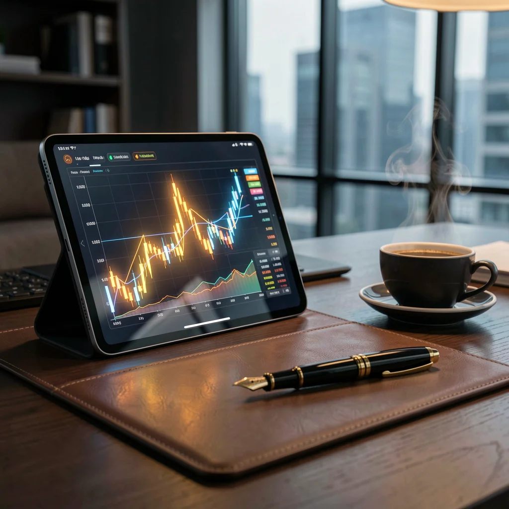 Tablet exibindo gráficos financeiros complexos em um escritório moderno e profissional.