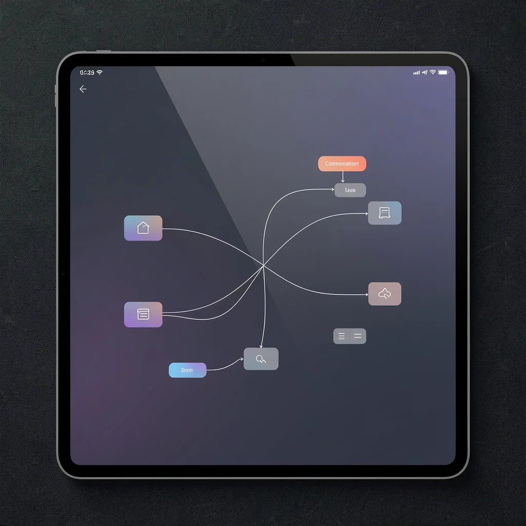 Interface de software minimalista mostrando fluxos de comunicação.