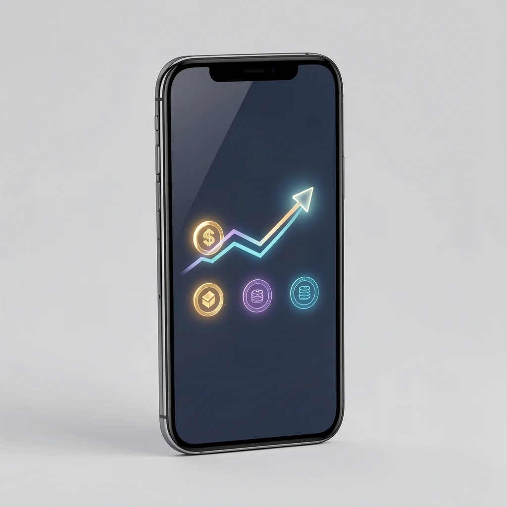 Mockup de smartphone com dashboard de staking mostrando ícones de moedas e gráfico de tendência