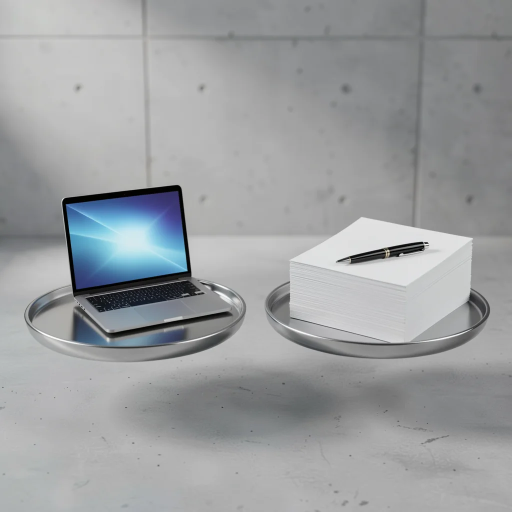 Balança de metal com laptop de um lado e bloco de papel com caneta do outro sobre fundo de concreto