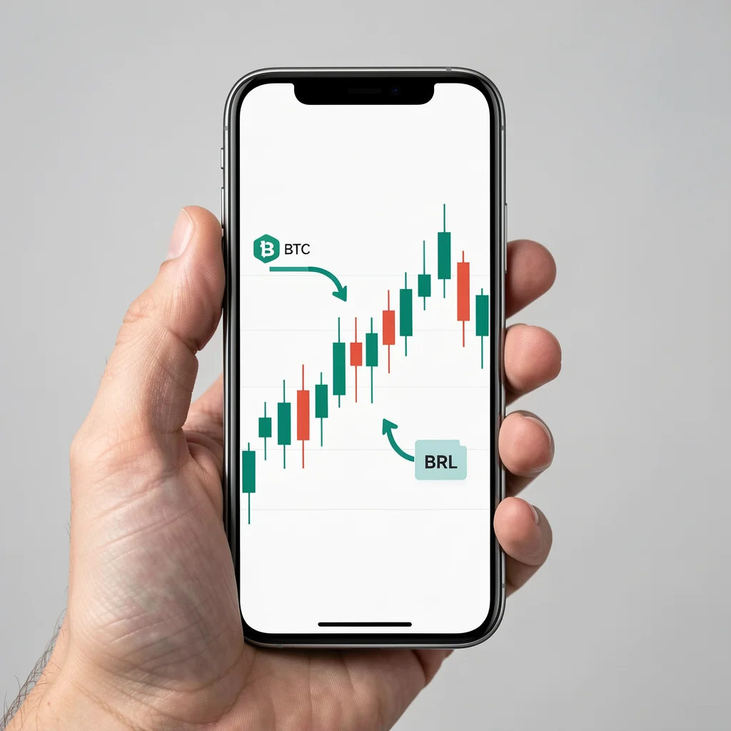 Smartphone com tela de aplicativo de câmbio de criptomoedas mostrando gráfico abstrato e setas de conversão entre Bitcoin e Real
