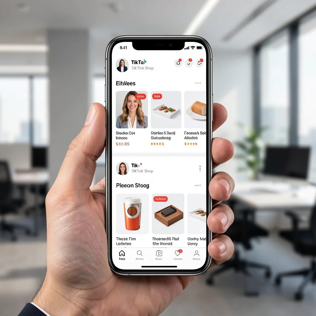 Smartphone com tela do TikTok Shop em ambiente corporativo