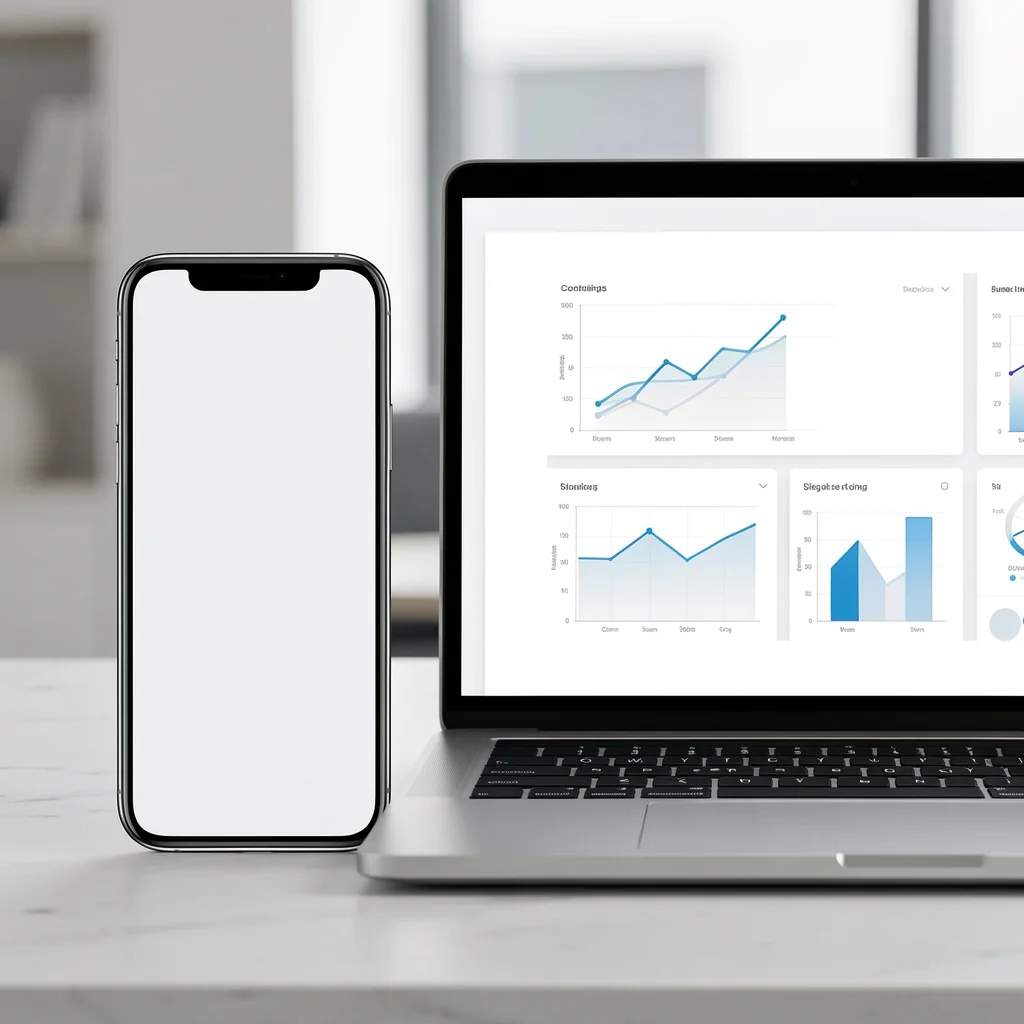 Mockup de tela de smartphone e laptop com interfaces de dashboard abstratas, sem texto, em estilo editorial corporativo