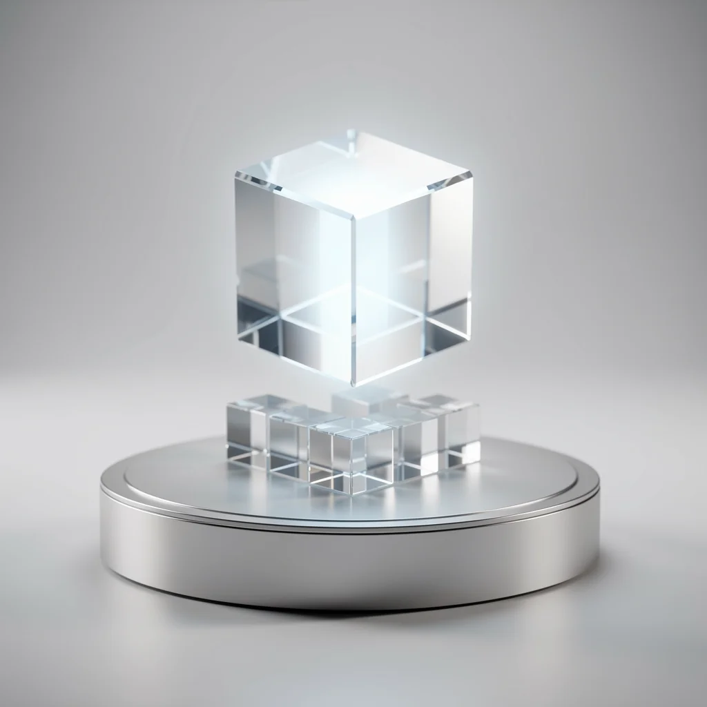 Metáfora visual de um leilão de anúncios com um cubo de vidro brilhante representando anúncio de qualidade sobre um pódio minimalista