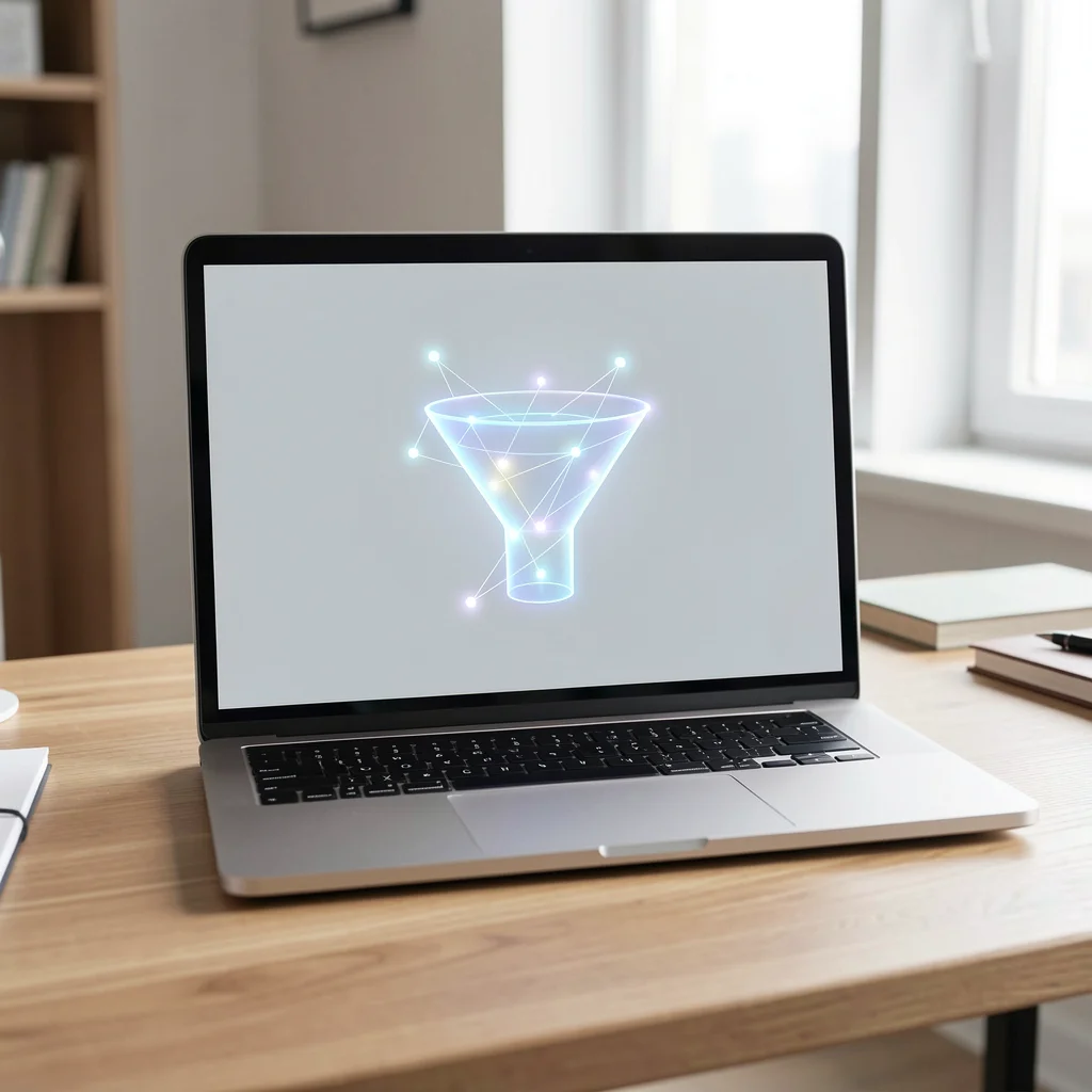 Mockup de laptop com funil de vendas abstrato e linhas de conexão brilhantes em uma mesa de madeira