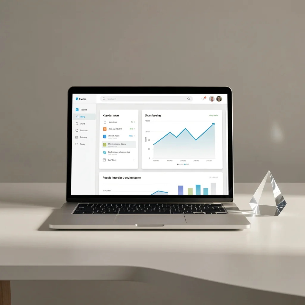 Dashboard abstrato em laptop minimalista com prismas de vidro sobre mesa elegante