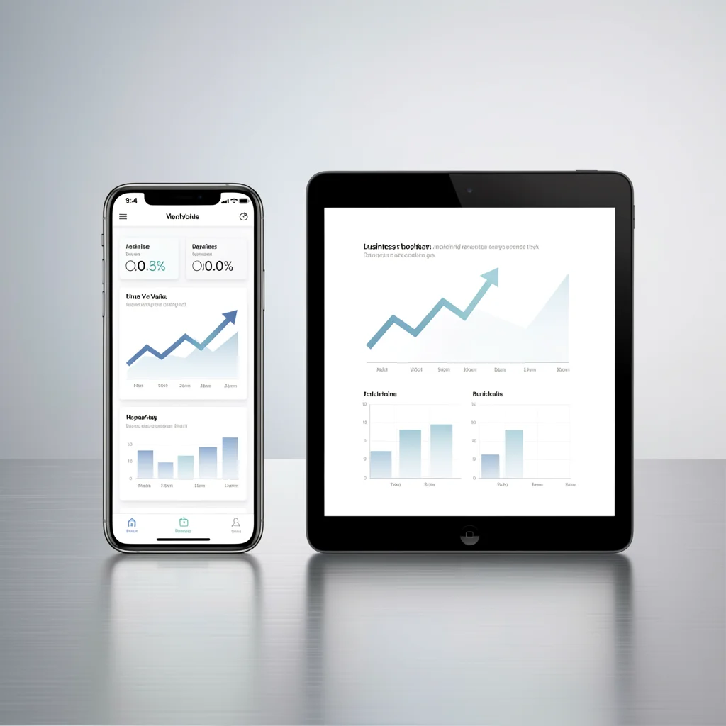 Smartphone e tablet exibindo indicadores de valor abstratos sobre superfície de alumínio escovado