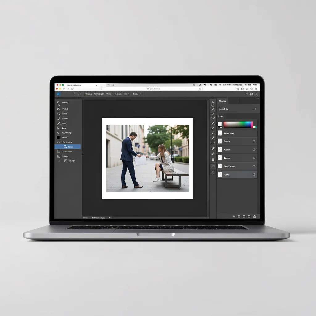 Interface do Photoshop online em um laptop moderno, com barra de ferramentas e painel de camadas visíveis