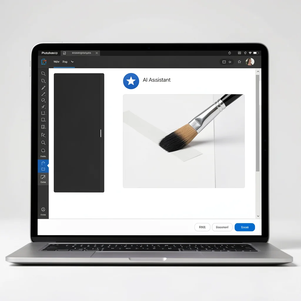 Tablet exibindo o Photoshop online com a ferramenta de remoção de objetos por IA em destaque