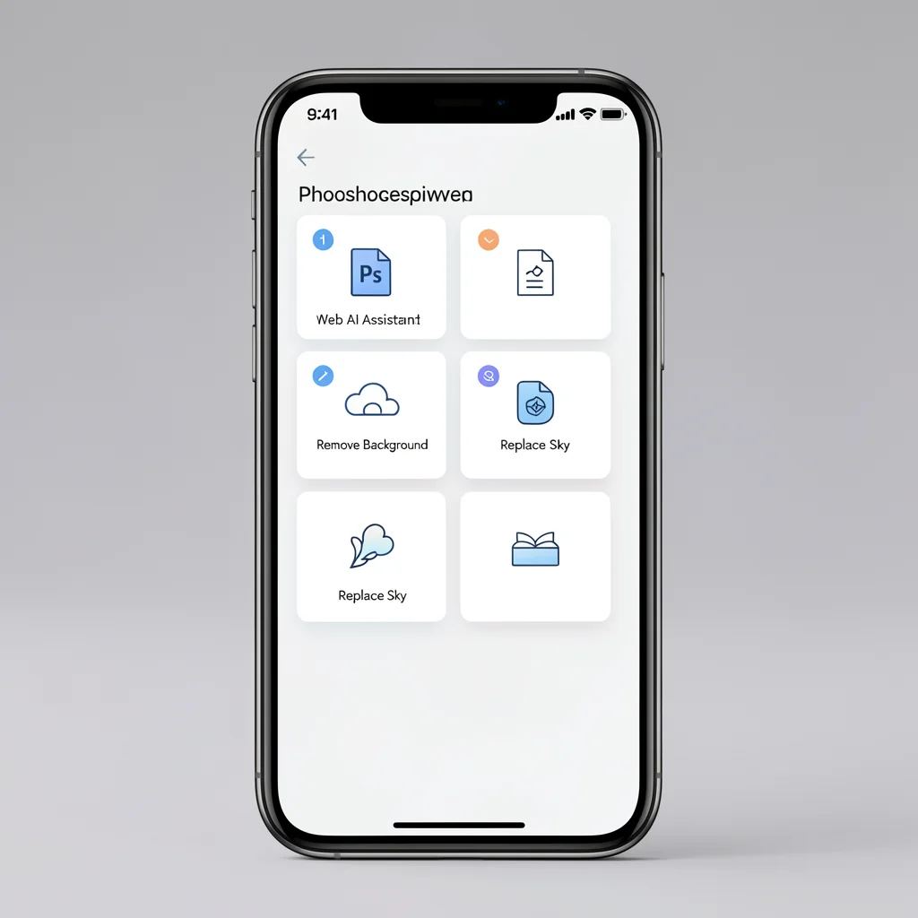 Smartphone exibindo o painel do Assistente de IA do Photoshop online com opções de remoção de fundo e troca de céu
