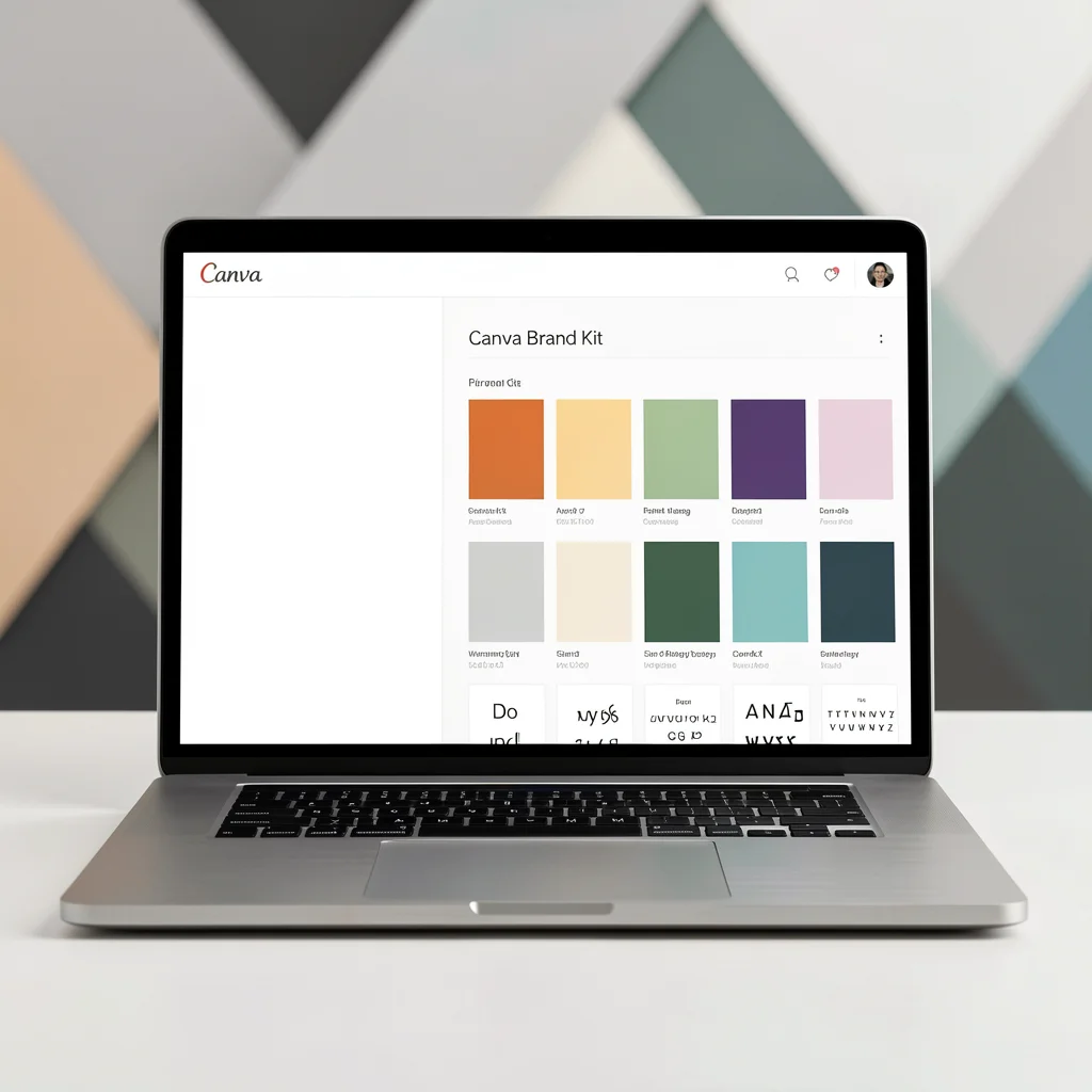 Captura de tela do Canva mostrando o painel Brand Kit com amostras de cores e fontes, em um laptop prateado sobre mesa de escritório.