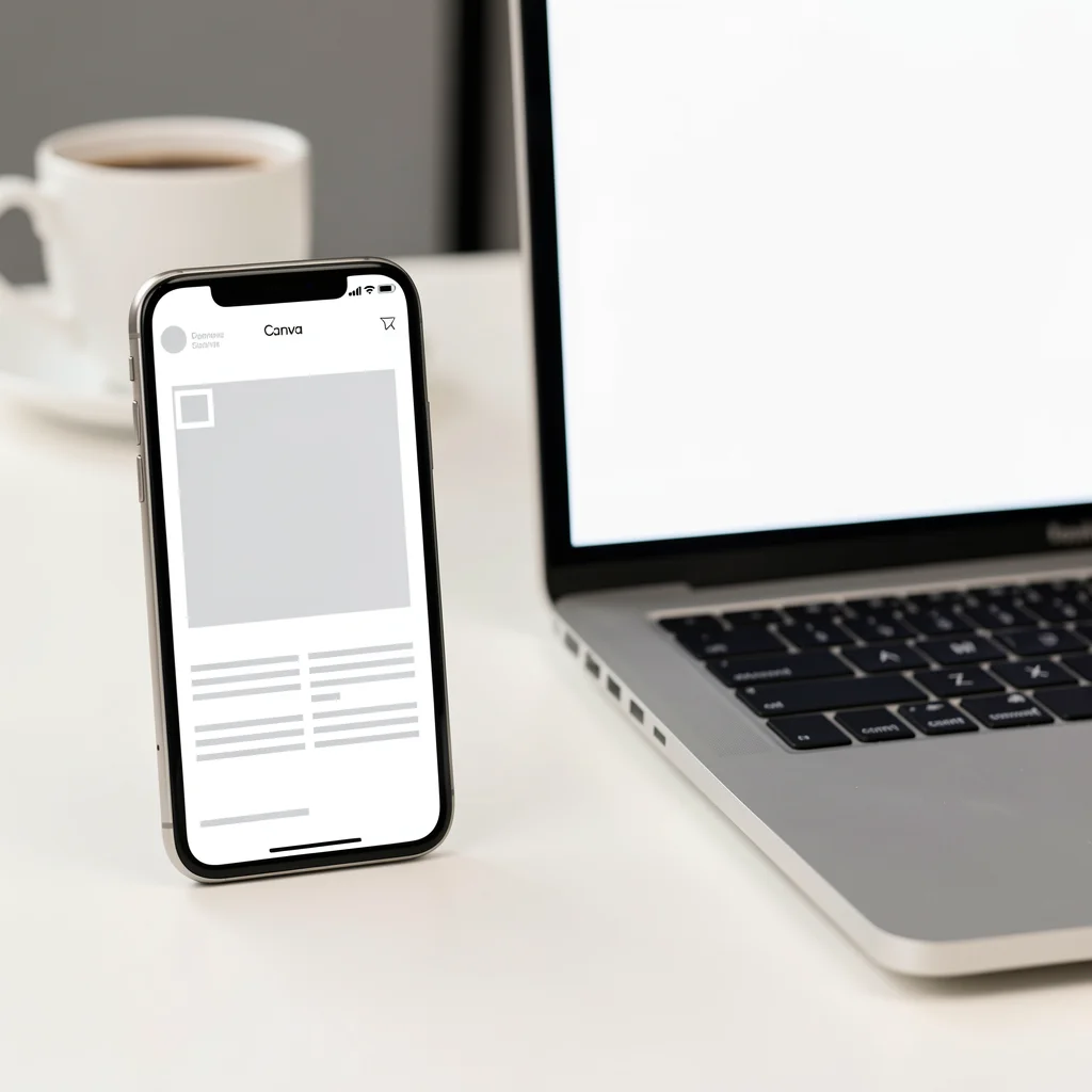 Smartphone e laptop lado a lado exibindo um design de post do Canva com espaço para foto e texto.
