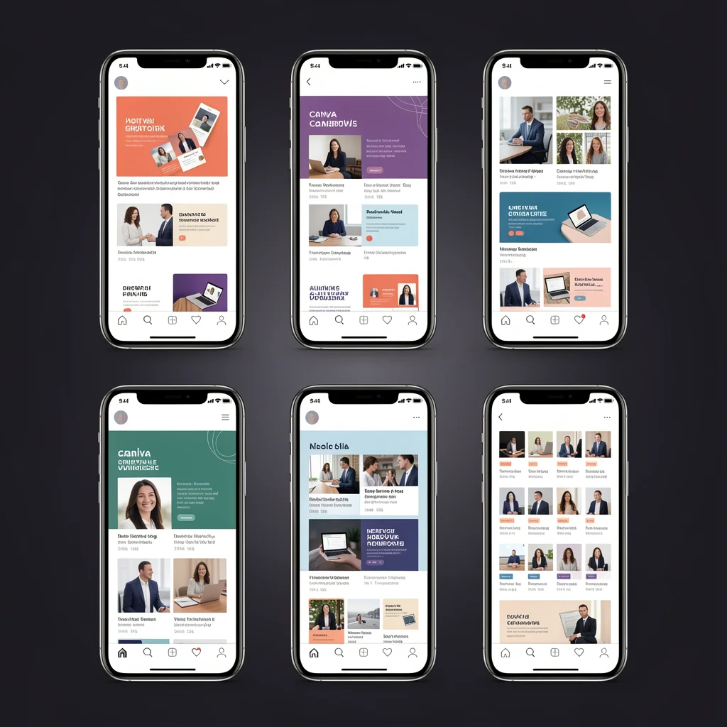 Grade de seis smartphones exibindo diferentes designs de posts do Canva, representando um estoque de templates.