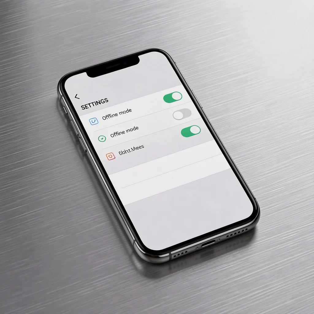 Smartphone moderno sobre mesa de metal escovado exibindo tela de configurações com opções de modo offline