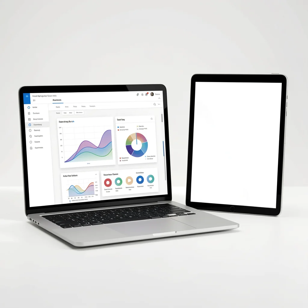 Notebook e tablet minimalistas exibindo gráficos abstratos e interface de edição de documentos