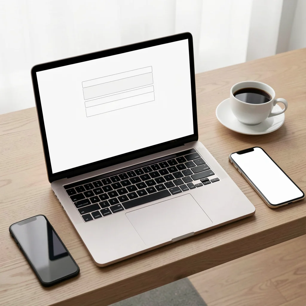 Mesa com laptop e smartphone prontos para criar página de links