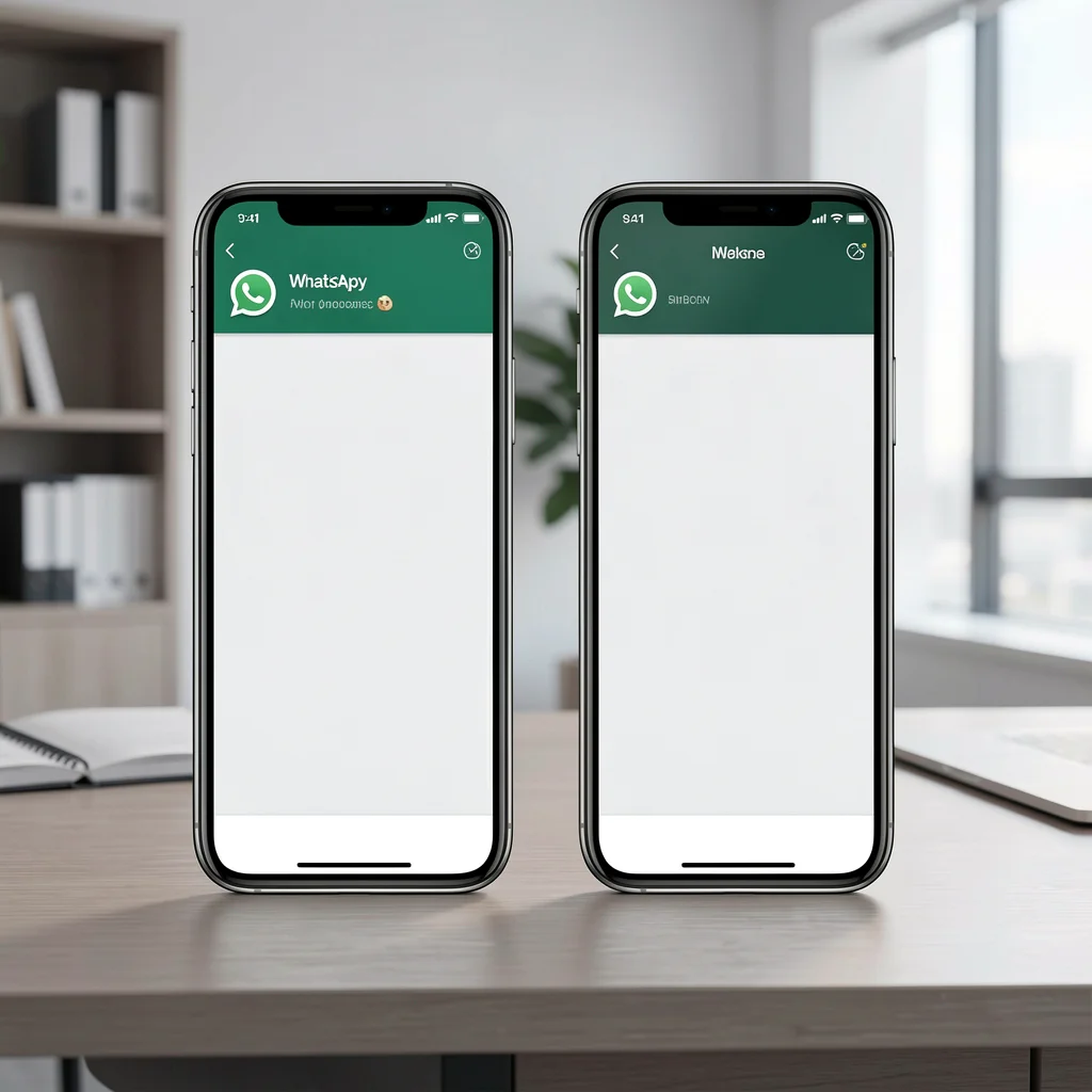 Dois smartphones modernos sobre uma mesa elegante, ambos exibindo a interface do WhatsApp Business em suas telas, com iluminação suave e estilo corporativo.