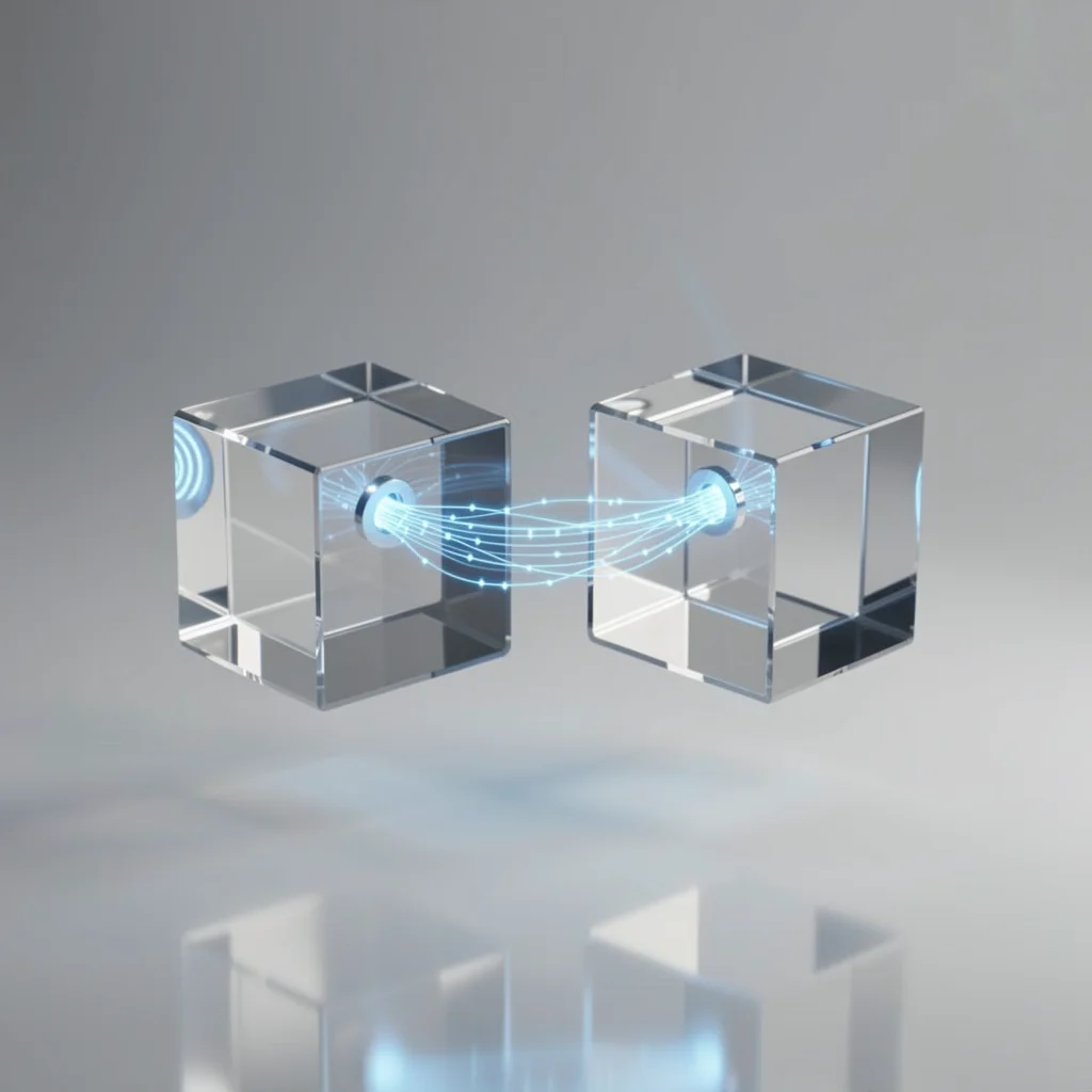 Metáfora visual de dois cubos de vidro conectados por um fluxo de dados azul brilhante, representando a sincronia entre dois dispositivos.