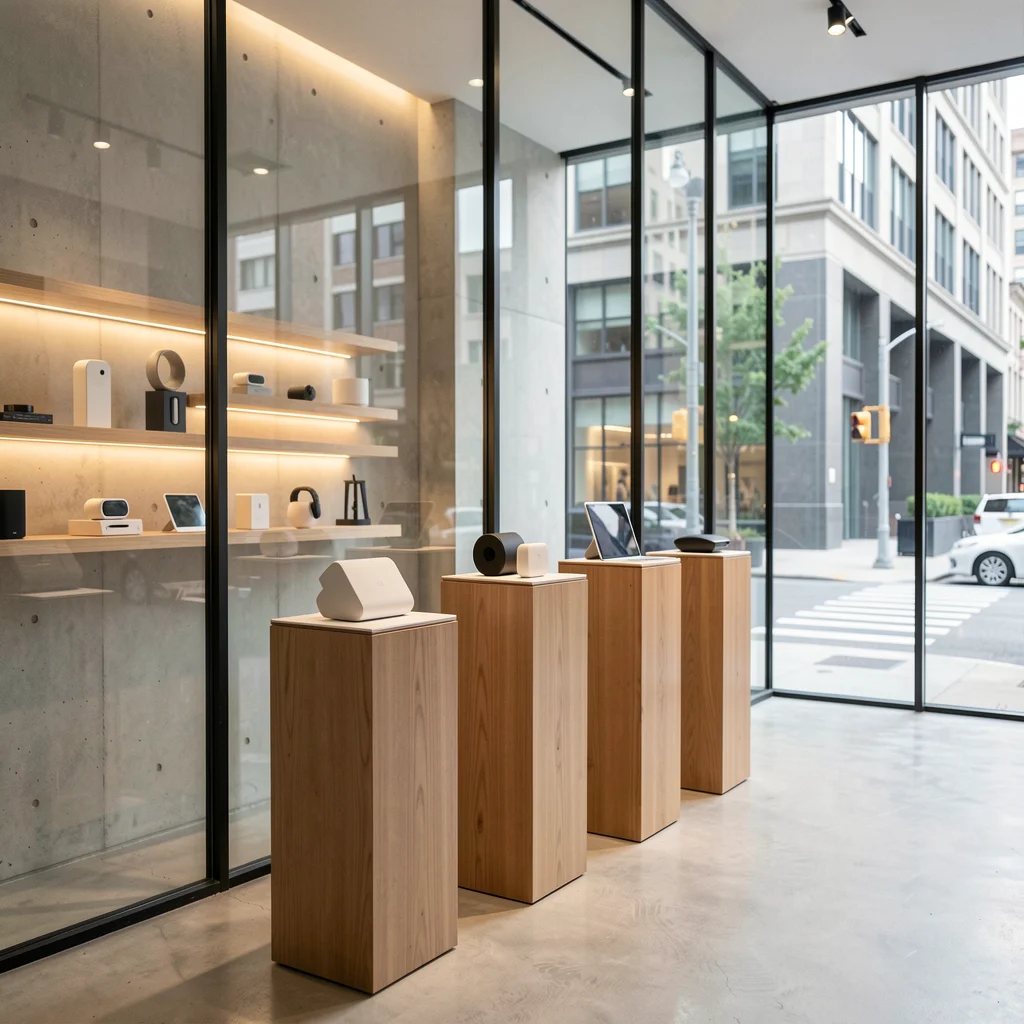 Vitrine de loja pequena com design minimalista e moderno em área urbana.