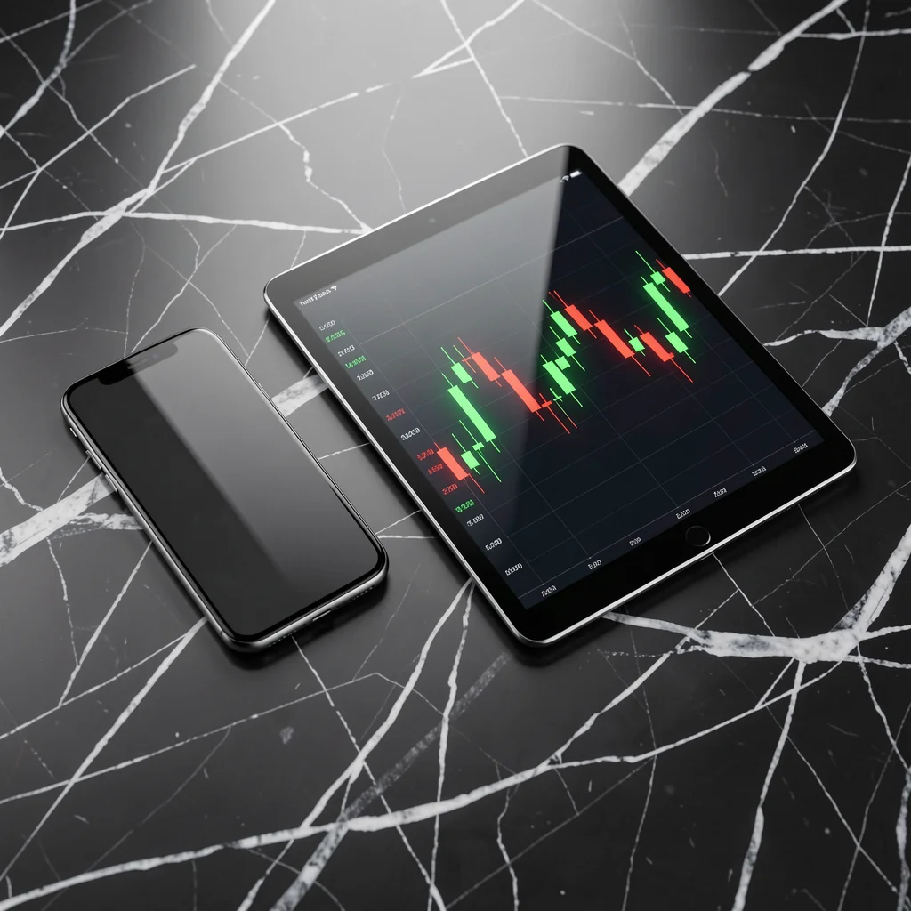 Smartphone e tablet sobre mármore escuro exibindo gráfico abstrato de criptomoedas com velas verdes e vermelhas