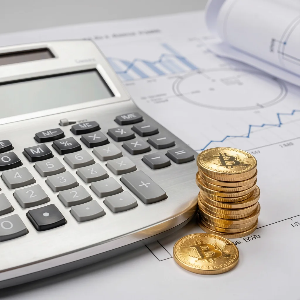 Calculadora de alumínio polido, moedas de ouro e um Bitcoin sobre fundo desfocado de plantas e gráficos